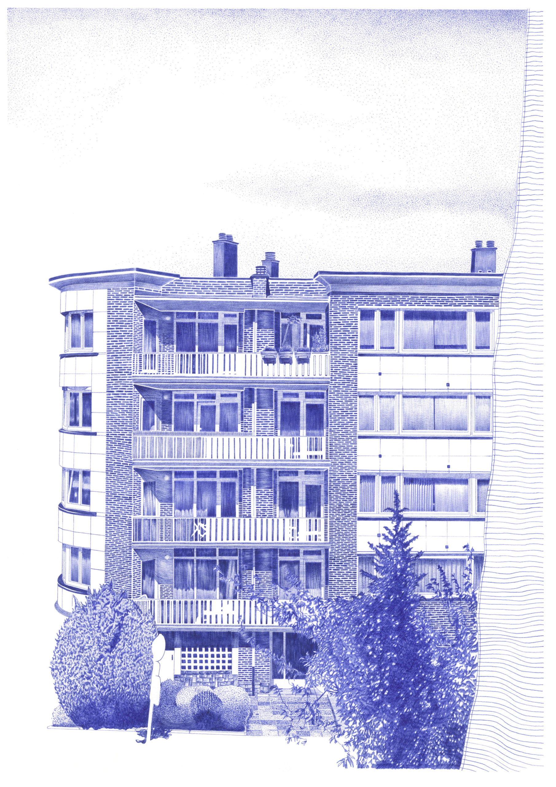Illustration en trois volets sur le thème du confinement, ici, un immeuble vu par une fenêtre.