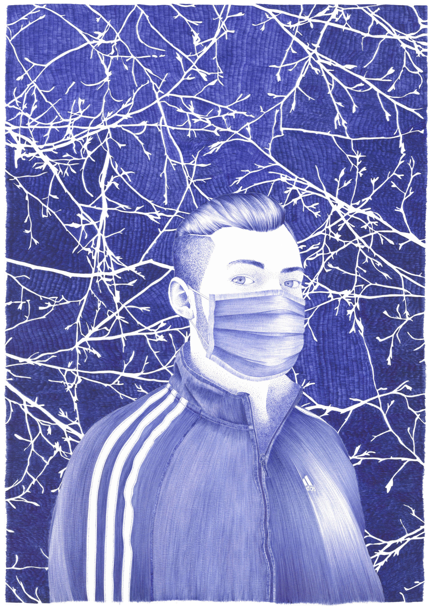 Illustration en trois volets sur le thème du confinement, ici, le portrait d'un homme portant un masque.